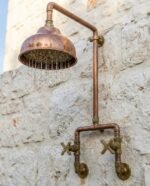 Handcrafted Outdoor Copper Rain Shower – Wall-Mounted Rustic Shower with Cross Handles - Image 3