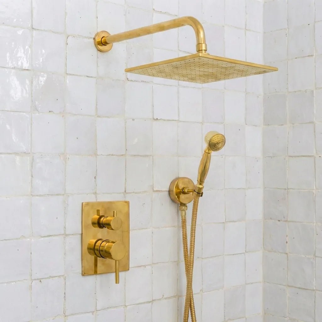 14843762278128449218_converted Luxury Unlacquered Brass Rain Shower System – Wall Mounted with Handheld Sprayer - Image 1