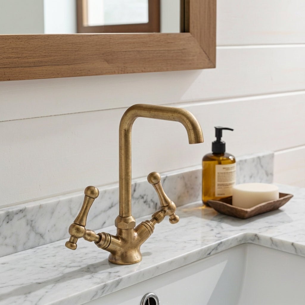 18358102200372299566 Unlacquered Brass Gooseneck Faucet – Classic Cross Handle Basin Tap - Image 1
