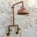 Handcrafted Outdoor Copper Rain Shower – Wall-Mounted Rustic Shower with Cross Handles