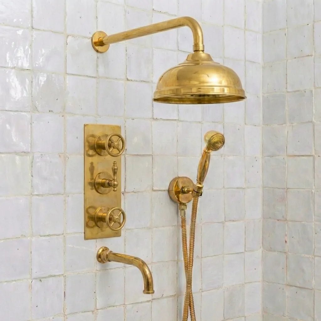 4810462158980831159_converted Heritage Unlacquered Brass Wall-Mount Shower System with Rain Head & Handheld - Image 1