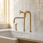 Unlacquered Brass Bridge Kitchen Faucet – Tall Farmhouse Sink Tap with Cross Handles & Sprayer