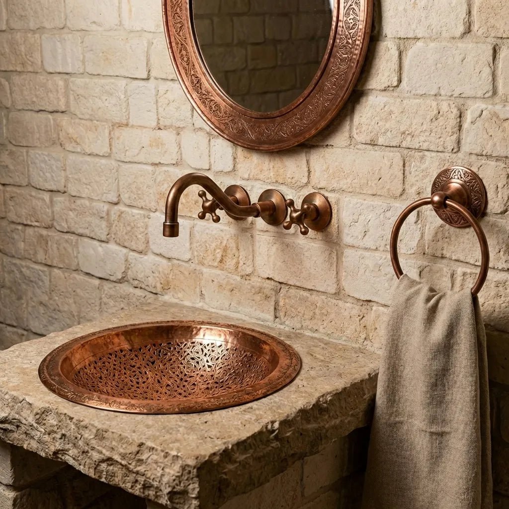 Handmade Engraved Copper Vessel Sink – Rustic Bathroom Washbasin - Image 6