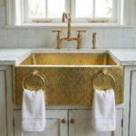 Hammered Brass Farmhouse Sink with Towel Rings – Handmade Apron-Front Kitchen Sink - Image 2