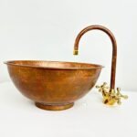 Handmade Round Hammered Copper Vessel Sink With Faucet