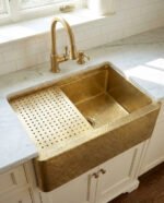 Hammered Brass Farmhouse Apron-Front Sink with Drain Grid