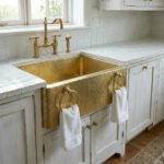 Hammered Brass Farmhouse Sink with Towel Rings – Handmade Apron-Front Kitchen Sink