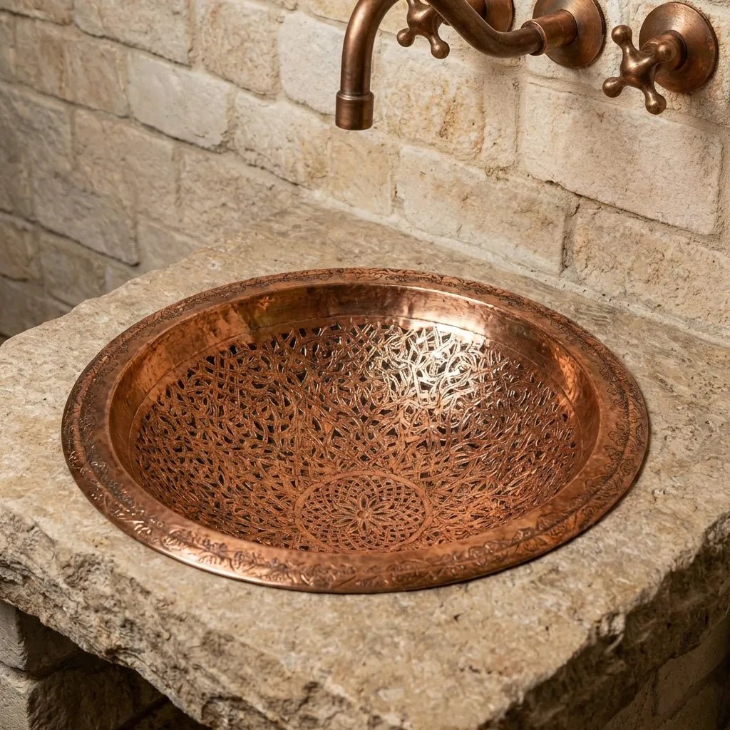 Handmade Engraved Copper Vessel Sink – Rustic Bathroom Washbasin - Image 2