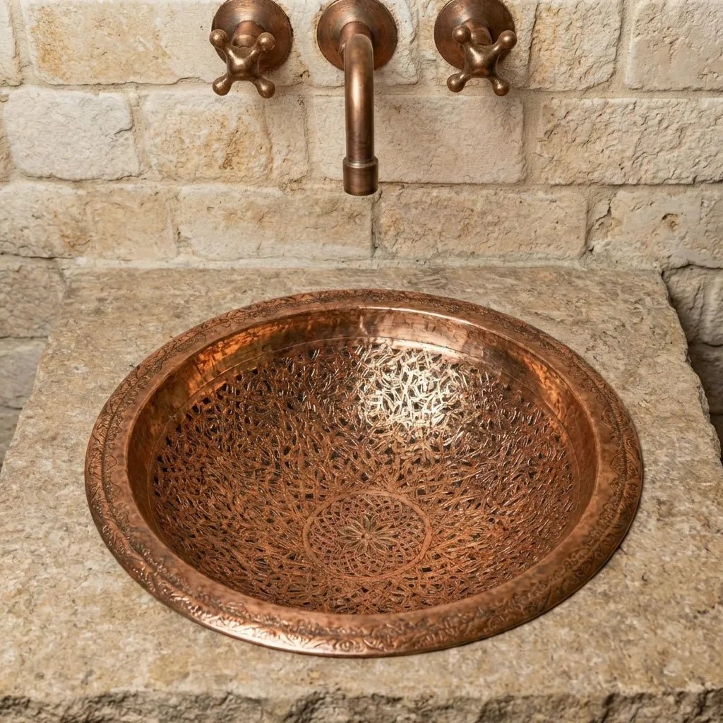 Handmade Engraved Copper Vessel Sink – Rustic Bathroom Washbasin - Image 1