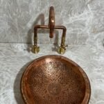 Round Copper drop-in bathroom sink, Handcrafted engraved copper sink - Image 3