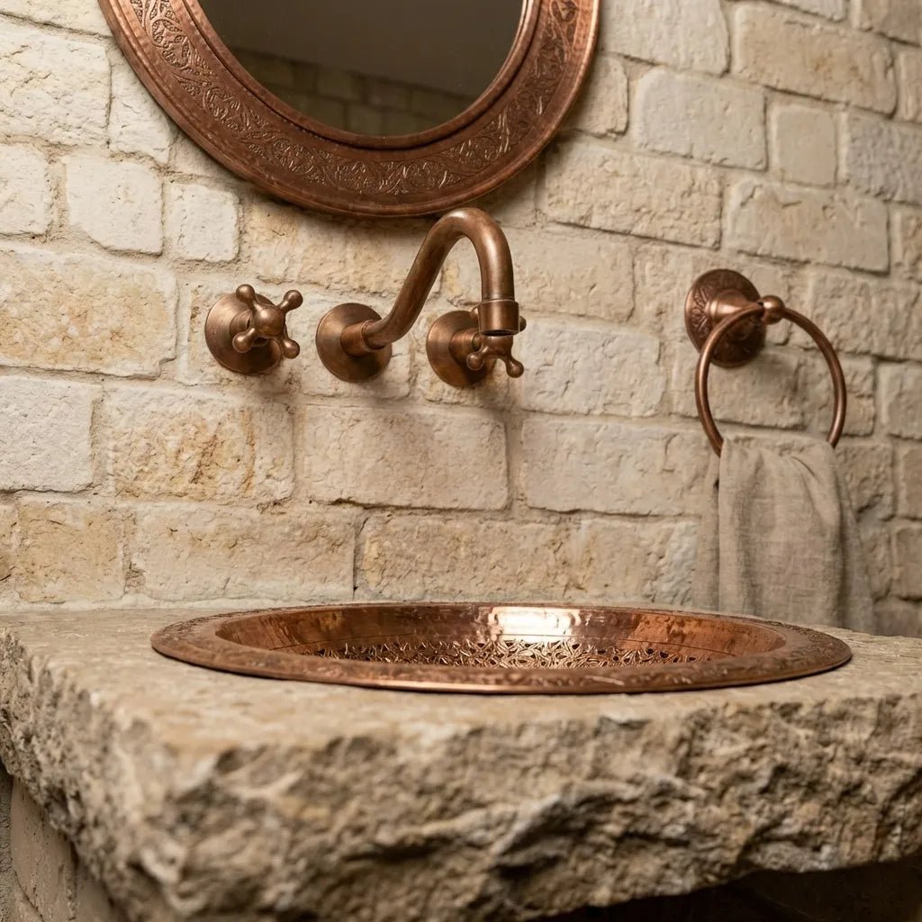 Handmade Engraved Copper Vessel Sink – Rustic Bathroom Washbasin - Image 4