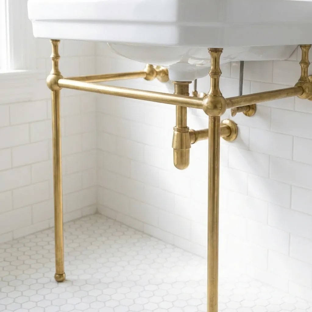 Unlacquered_Brass_Console_Vanity_Legs Unlacquered Brass Console Vanity Legs – Handmade Bathroom Sink Stand - Image 1