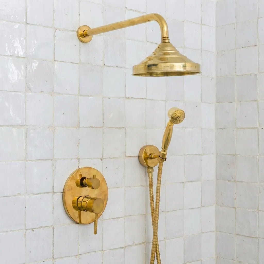 Unlacquered_brass_thermostatic_shower_system_with_wall_mounted_rain_shower_and_handheld_sprayer Unlacquered Brass Thermostatic Rain Shower Set - Image 1