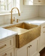 Hammered Brass Farmhouse Apron-Front Sink with Drain Grid - Image 3