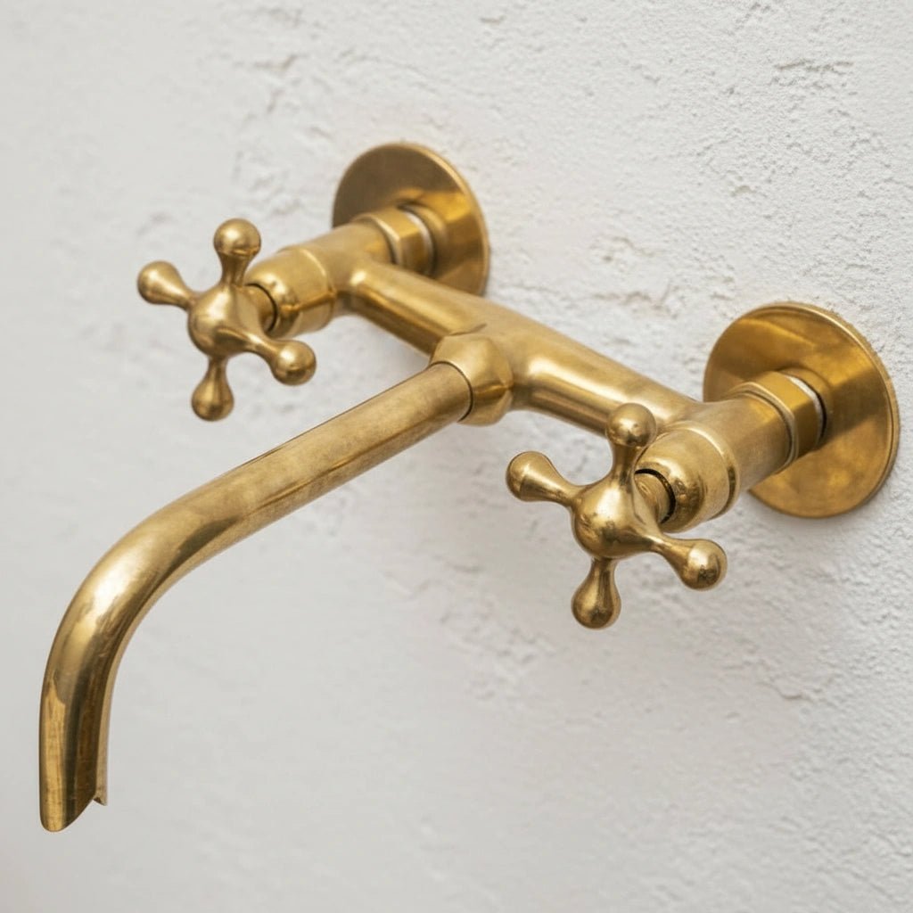 brass_unlacquered_faucet Handcrafted Unlacquered Brass Wall Mounted Tub Filler With Cross Handles - Image 1