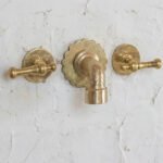 Engraved Unlacquered Brass Wall Faucet – Artisanal Vintage 3-Hole Bathroom Fixture - Image 2