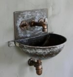 Aged Copper Wall Sink – White Patina Half Bowl Bathroom Basin with Faucet