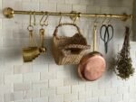 Unlacquered Brass Wall Mounted Pot Rack, Brass Kitchen Rail with Hooks