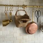 Unlacquered Brass Wall Mounted Pot Rack, Brass Kitchen Rail with Hooks