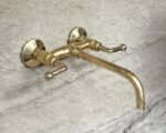 Unlacquered Brass Tub Filler Faucet , Solid Brass Wall Mount Bathroom Faucet With Lever Handles