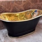 Freestanding Bathtub With Black Exterior, Brass Straight Base Bathtub, Outdoor Soaking Tub