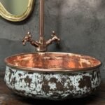 Hammered White Patina Copper Sink Bathoom ,Rustic Copper vessel Sink , Handcrafted Basin With Copper Faucet