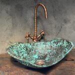 Handmade Hammered Copper Sink with Turquoise Patina