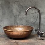 Rustic Hammered Copper Vessel Sink , Handcrafted Round Copper Sink Bathroom