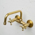 Unlacquered Brass Wall Mount Kitchen Faucet – Vintage Farmhouse Sink Tap with Cross Handles