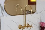 Unlacquered Brass Wall Mount Kitchen Faucet – Vintage Sink Tap with Cross Handles - Image 2